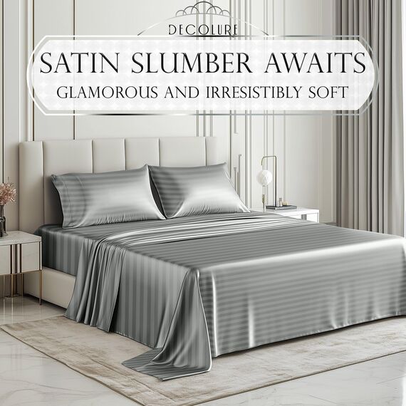 DECOLURE Satin-Bettwäsche-Set, 3-teilig, luxuriös, seidig, für Doppelbett, weicher als Seide, knitterfrei, mit 38,1 cm tiefem Spannbetttuch, perfekt für Haar und Haut, Geschenke für Frauen (Grau