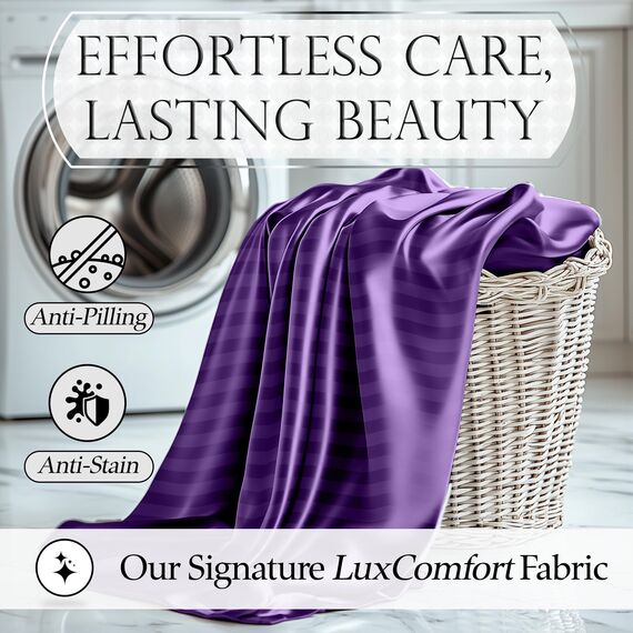 DECOLURE Gestreifte Satin-Bettlaken, komplettes Set, 4-teilig, luxuriöse Satin-Bettlaken, volle Jahreszeiten, volle Größe, lila Satin-Bettlaken-Set mit tiefer Tasche und Kissenbezug (lila)