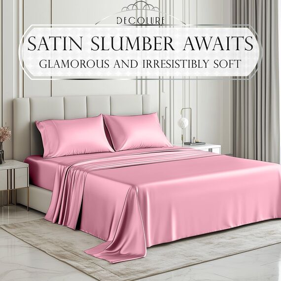 DECOLURE Satin-Bettwäsche-Set, 4-teilig, luxuriös, seidig, King-Size, weicher als Seide, knitterfrei, mit 38,1 cm tiefem Spannbetttuch, perfekt für Haar und Haut, Geschenke für Frauen (Rosa)