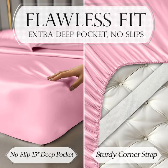 Satin-Bettwäsche-Set für Doppelbetten (3 Teile, 8 Farben), seidiges Satin-Bettwäsche-Set mit Kissenbezug, Satin-Spannbetttuch – rosa Satin-Spannbettlaken, Satin-Spannbettlaken, Twin, Satin-Bettwäsche