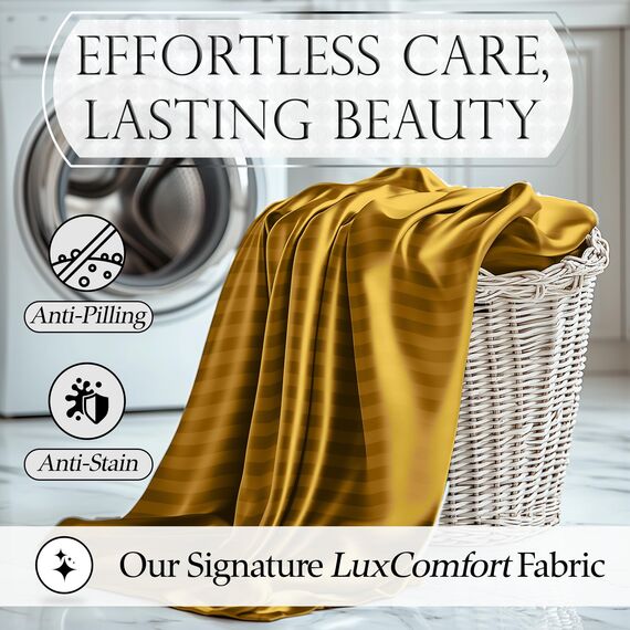 DECOLURE Gestreiftes Satin-Bettwäsche-Set für Doppelbett, luxuriöses seidiges Gefühl, Satin, Doppelbett, elegant, seidig, weich, Doppelbettgröße, faltenfrei, Doppelbett, goldfarben, Satin-Bettlaken