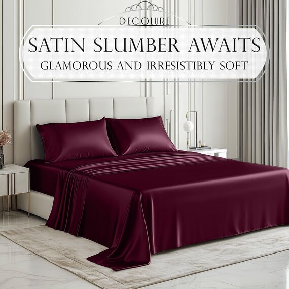 DECOLURE Satin-Bettwäsche-Set für Doppelbett, 3-teilig, seidig und luxuriös, weiche Satin-Bettwäsche mit 38,1 cm tiefer Tasche, ähnlich wie Seidenlaken, Doppelnähte, knitterfrei (Rosenholz)