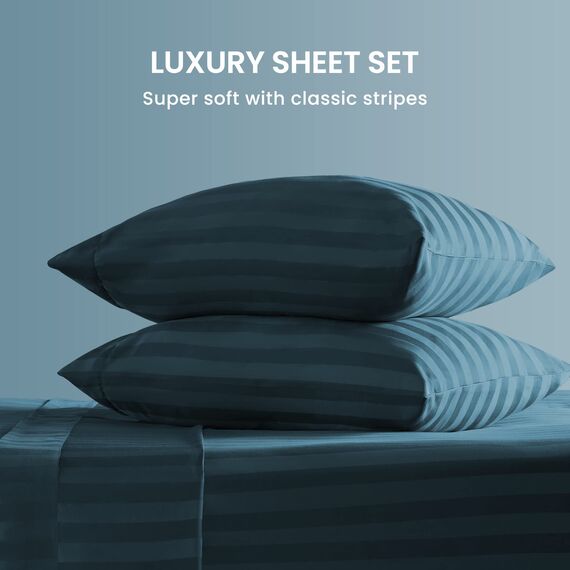 SLEEP ZONE Gestreiftes Kühlbettlaken-Set für King-Size-Betten – Spannbetttuch und Kissenbezug-Set, 4-teilig, superweiches gestreiftes Bettlaken, pflegeleicht, tiefe Tasche (Blaugrün, Kingsize)