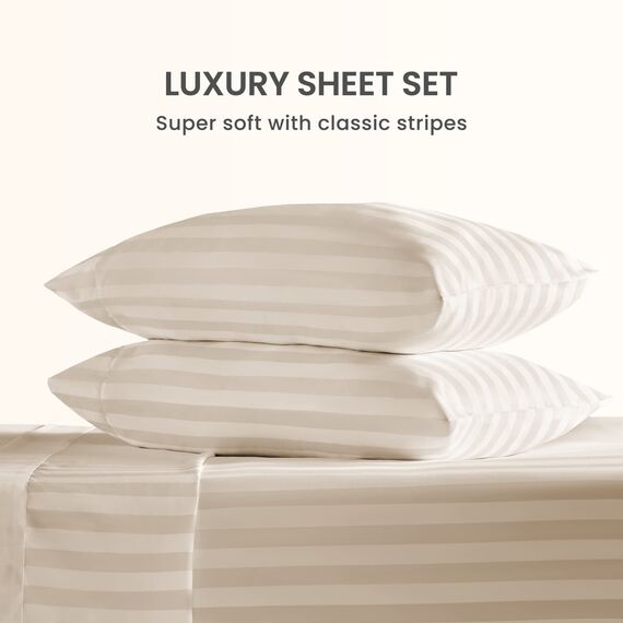 SLEEP ZONE Gestreiftes Kühllaken-Set für King-Size-Betten – Spannbetttuch und Kissenbezüge, 4-teilig, superweich, gestreift, pflegeleicht, tiefe Taschen (Beige, King-Size)