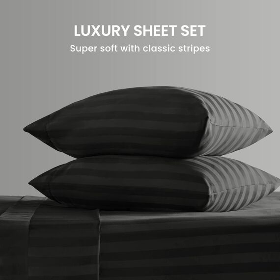 SLEEP ZONE Gestreiftes Kühllaken-Set für King-Size-Betten – Spannbetttuch und Kissenbezüge, 4-teilig, superweich, gestreift, pflegeleicht, tiefe Taschen (Schwarz, King-Size)