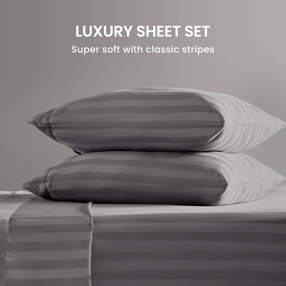SLEEP ZONE Gestreiftes kühlendes Queen-Bettwäsche-Set – Spannbettlaken und Kissenbezüge-Sets 4-teilig – superweiches gestreiftes Bettlaken, pflegeleicht, Tiefe Tasche (Gull Grey, Queensize)
