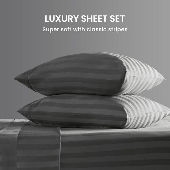 SLEEP ZONE Gestreiftes kühlendes Queen-Bettlaken-Set – Spannbettlaken und Kissenbezüge-Sets 4-teilig – superweiches gestreiftes Bettlaken, pflegeleicht, Tiefe Tasche (Grau, Queensize)