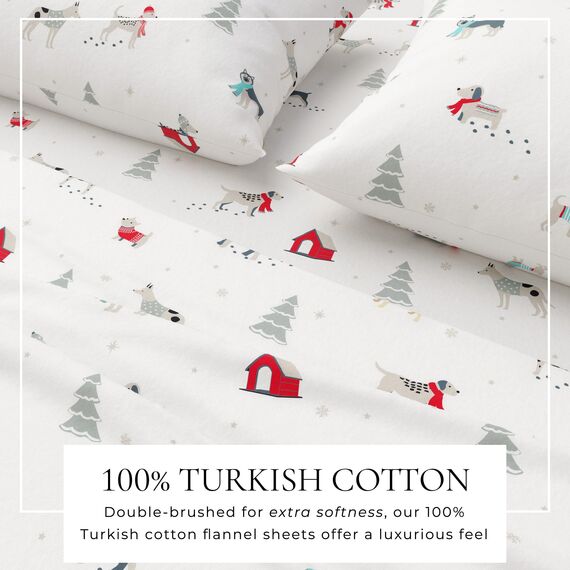 Great Bay Home Flanell-Bettwäsche-Set aus 100% türkischer Baumwolle, Tiefe Taschen, weiche Weihnachtslaken, warme, Anti-Pilling-Flanell-Bettlaken (King, Welpen im Schnee)