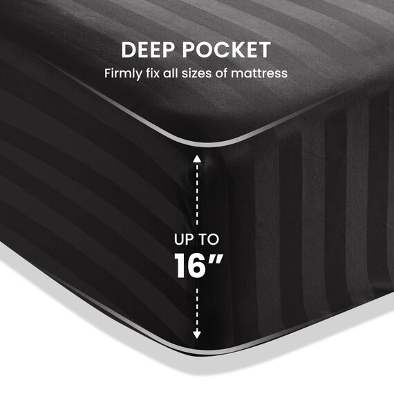 SLEEP ZONE Gestreiftes Kühllaken-Set für King-Size-Betten – Spannbetttuch und Kissenbezüge, 4-teilig, superweich, gestreift, pflegeleicht, tiefe Taschen (Schwarz, King-Size)