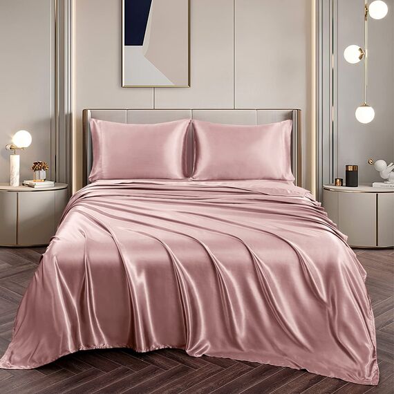 Vonty Satin Sheets Twin XL Seidig weiches Satin-Bettwäsche-Set, 1 tiefes Spannbetttuch + 1 Bettlaken + 1 Kissenbezug in Roségold