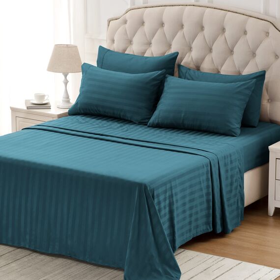 SLEEP ZONE Gestreiftes Kühlbettlaken-Set für King-Size-Betten – Spannbetttuch und Kissenbezug-Set, 4-teilig, superweiches gestreiftes Bettlaken, pflegeleicht, tiefe Tasche (Blaugrün, Kingsize)