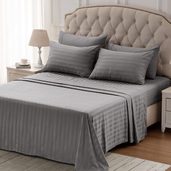 SLEEP ZONE Gestreiftes kühlendes Queen-Bettwäsche-Set – Spannbettlaken und Kissenbezüge-Sets 4-teilig – superweiches gestreiftes Bettlaken, pflegeleicht, Tiefe Tasche (Gull Grey, Queensize)