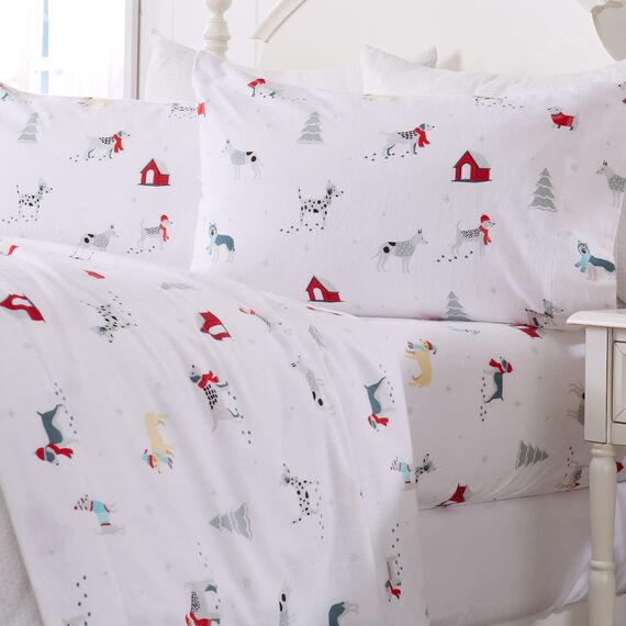 Great Bay Home Flanell-Bettwäsche-Set aus 100% türkischer Baumwolle, Tiefe Taschen, weiche Weihnachtslaken, warme, Anti-Pilling-Flanell-Bettlaken (voll, Welpen im Schnee)