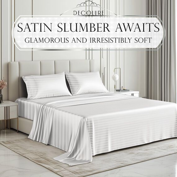 DECOLURE Gestreiftes Satin-Bettwäsche-Set für Doppelbett, luxuriöses Seidengefühl, Satin, Doppelbett, elegant, seidig weich, Doppelbettgröße, faltenfrei, Doppelbett, weiße Satin-Bettlaken mit tiefer