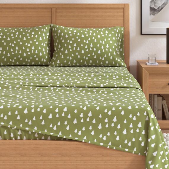 Great Bay Home Flanell-Bettwäsche-Set, Queen-Size-Größe, 100% türkische Baumwolle, doppelt gebürstet, Lodge-Bedruckt, ultraweich, gemütlich, 4-teiliges Bettwäsche-Set (kleine Bäume, Olivgrün)