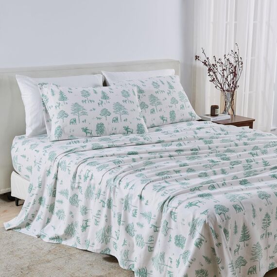 Great Bay Home Flanell-Bettwäsche-Set, Doppelbett, 100 % türkische Baumwolle, doppelt gebürstet, Lodge-bedruckt, ultraweich, 4-teiliges Bettwäsche-Set (Wild Acres – Salbei)