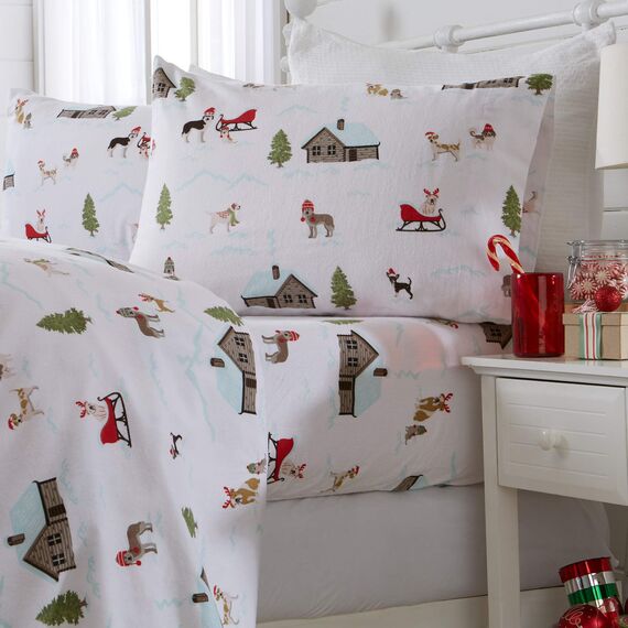 Great Bay Home 100% türkische Baumwolle Queen-Size-Flanell-Bettwäsche-Set,Tiefe Tasche, weiche Weihnachtslaken,warme,Anti-Pilling-Flanell-Bettlaken (Queen, Winterwelpen)