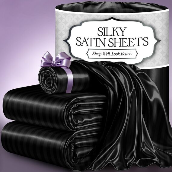 DECOLURE Gestreiftes Satin-Bettwäsche-Set für Doppelbett, luxuriöses Seidengefühl, Satin, Doppelbett, elegant, seidig weich, Doppelbettgröße, faltenfrei, schwarze Satin-Bettlaken mit tiefer Tasche,