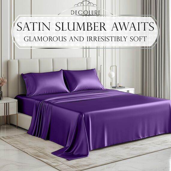 Satin-Bettlaken, King Size (4-teilig, 8 Farben), seidiges Satin-Bettwäsche-Set mit 2 Kissenbezügen, Satin-Spannbettlaken, lila King-Size