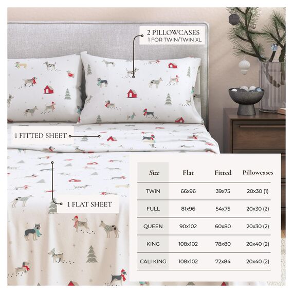 Great Bay Home Flanell-Bettwäsche-Set aus 100% türkischer Baumwolle, Tiefe Taschen, weiche Weihnachtslaken, warme, Anti-Pilling-Flanell-Bettlaken (King, Welpen im Schnee)