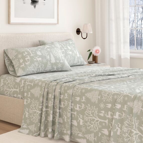 Great Bay Home Flanell-Bettwäsche-Set aus 100% türkischer Baumwolle, Tiefe Taschen, weiche Bettlaken, warme, Anti-Pilling-Flanell-Bettlaken (Queen, Enchanted Woods – Blau)