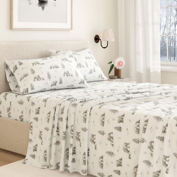 Great Bay Home 4-teiliges Flanell-Bettwäsche-Set aus 100% türkischer Baumwolle, Queen-Size-Winterlodge, Bedruckt, Bettlaken und Kissenbezüge, doppelt gebürstetes Flanell-Bettwäsche-Set (Queen,