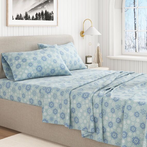 Great Bay Home 100% türkische Baumwolle, Flanell-Bettlaken-Set mit tiefen Taschen, weiche Bettlaken,Anti-Pilling-Flanell-Bettlaken (King-Size, Blaue Schneeflocke)