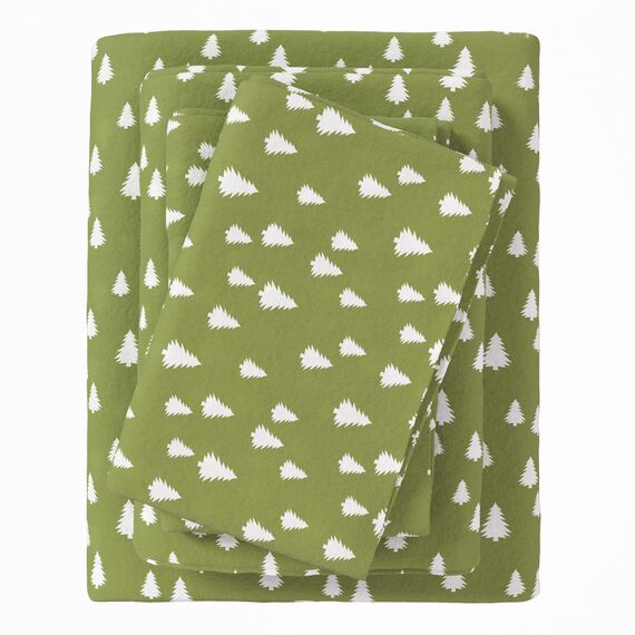 Great Bay Home Flanell-Bettwäsche-Set, volle Größe, 100% türkische Baumwolle, doppelt gebürstet, Lodge-Bedruckt, ultraweich, gemütlich, 4-teiliges Bettwäsche-Set (kleine Bäume, Olivgrün)