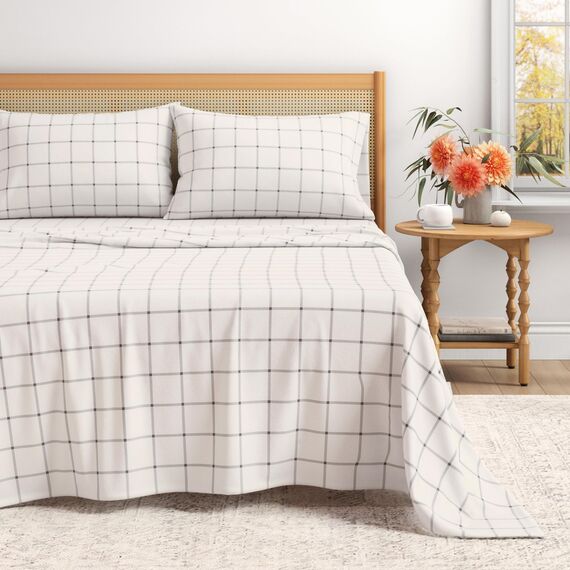 Great Bay Home Flanell-Bettwäsche-Set, volle Größe, 100 % türkische Baumwolle, doppelt gebürstet, bedruckt, ultraweich, gemütlich, 4-teiliges Bettwäsche-Set (Fensterscheibe, Weiß/Grau)