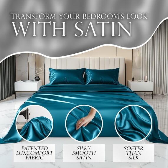 DECOLURE Satin-Bettlaken, King-Size-Set, 4-teilig, seidig und luxuriös weiche Satin-Bettlaken mit 38,1 cm tiefer Tasche, ähnlich wie Seidenlaken, Doppelnähte, knitterfrei (Sea Teal-01)