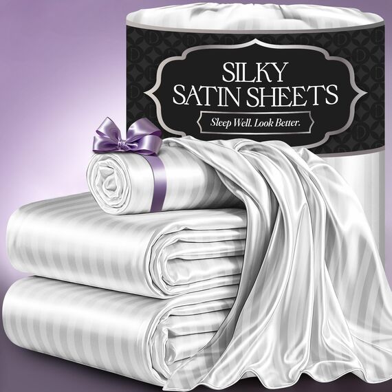 DECOLURE Gestreiftes Satin-Bettwäsche-Set für Doppelbett, luxuriöses Seidengefühl, Satin, Doppelbett, elegant, seidig weich, Doppelbettgröße, faltenfrei, Doppelbett, weiße Satin-Bettlaken mit tiefer