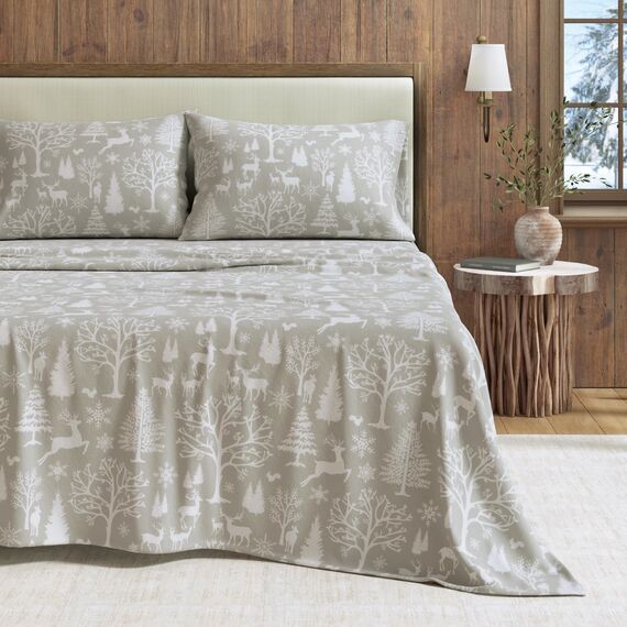 Great Bay Home Flanell-Bettwäsche-Set aus 100% türkischer Baumwolle, Tiefe Taschen, weiche Bettlaken, warme, doppelt gebürstete Lodge-Bettlaken, Enchanted Woods, Grau