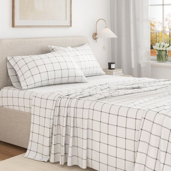 Great Bay Home Flanell-Bettwäsche-Set, volle Größe, 100 % türkische Baumwolle, doppelt gebürstet, bedruckt, ultraweich, gemütlich, 4-teiliges Bettwäsche-Set (Fensterscheibe, Weiß/Grau)
