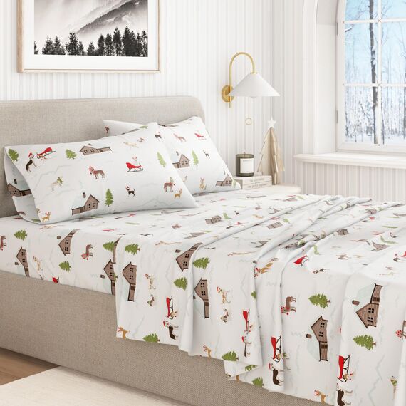 Great Bay Home 100% türkische Baumwolle Queen-Size-Flanell-Bettwäsche-Set,Tiefe Tasche, weiche Weihnachtslaken,warme,Anti-Pilling-Flanell-Bettlaken (Queen, Winterwelpen)