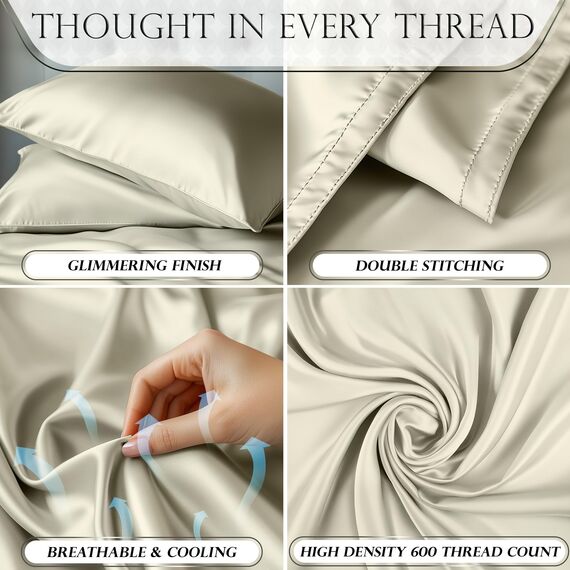DECOLURE Satin-Bettlaken, komplettes Set, 4-teilig, echte und luxuriöse Satin-Bettlaken mit tiefer Tasche, elegant, ganzjährig, seidig weich, bequemes Satin-Bettlaken, komplettes Set (Taupe)