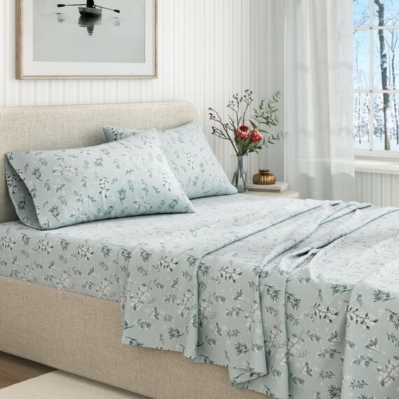Great Bay Home Flanell-Bettwäsche-Set für King-Size-Bett, 100 % türkische Baumwolle, doppelt gebürstet, Winter-Blumenmuster, ultraweich, gemütlich, 4-teiliges Bettwäsche-Set (Snowy Botanical)