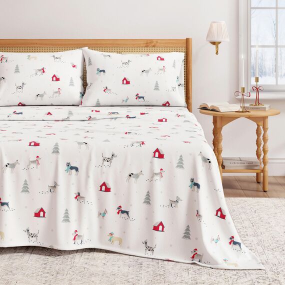 Great Bay Home Flanell-Bettwäsche-Set aus 100% türkischer Baumwolle, Tiefe Taschen, weiche Weihnachtslaken, warme, Anti-Pilling-Flanell-Bettlaken (voll, Welpen im Schnee)