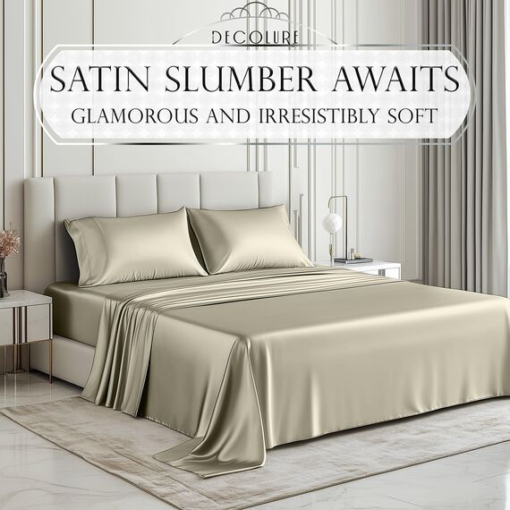 DECOLURE Satin-Bettlaken, Doppelbett-Set, 3-teilig, Hotel-Luxus-Satin-Bettlaken, Doppelbett, elegant, seidig, weich, Satin-Bettwäsche-Set, faltenfrei, Doppelbett, Taupe