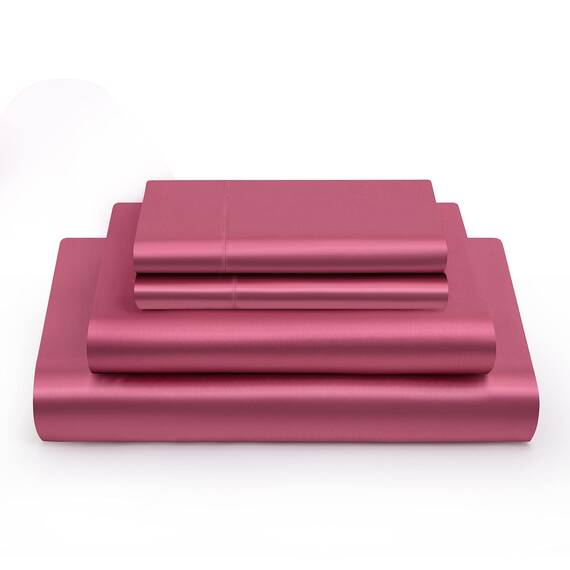 Vonty Satin-Bettlaken-Set, seidig weiches Satin, 1 Spannbettlaken mit tiefen Taschen + 1 Bettlaken + 1 Kissenbezug, Hellweinrot