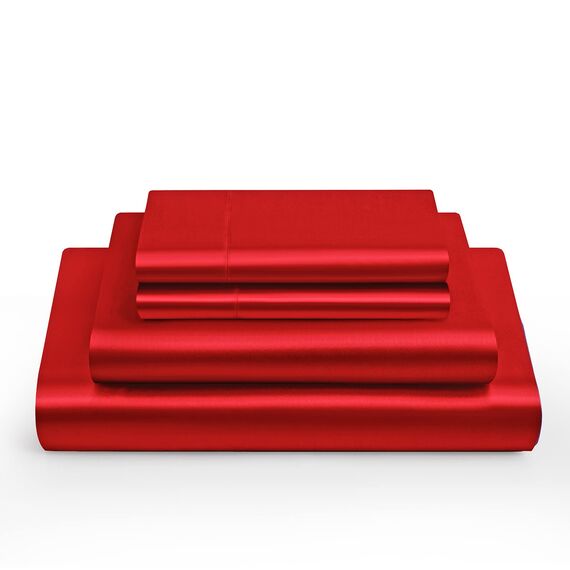 Vonty Satin-Bettlaken-Set, seidig weiches Satin, 1 Spannbettlaken mit tiefen Taschen, 1 Bettlaken und 1 Kissenbezug, Rot