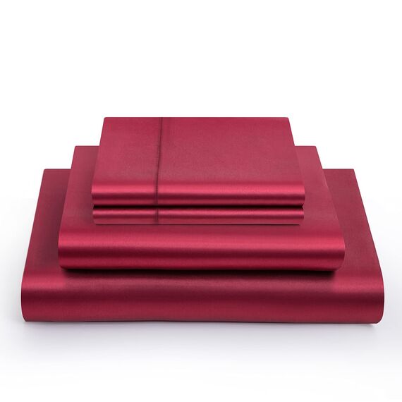 Vonty Satin-Bettlaken-Set, Queen-Size-Größe, seidig weiches Satin-Bettwäsche-Set, 1 Spannbettlaken mit tiefen Taschen + 1 Bettlaken + 2 Kissenbezüge, Burgunderrot