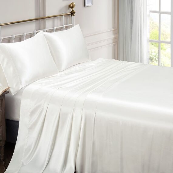 Vonty Satin Sheets California King Seidig weiches Satin-Bettwäsche-Set, 1 Spannbettlaken mit tiefen Taschen + 1 Bettlaken + 2 Kissenbezüge, elfenbeinfarben