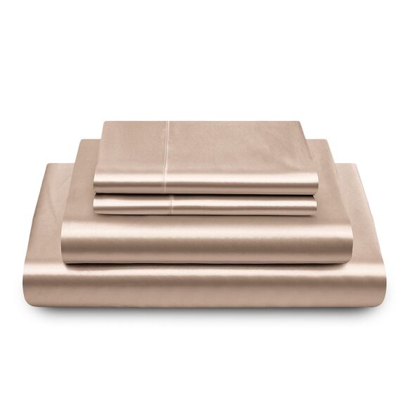 Vonty Satin-Bettlaken, Doppelbett, seidig, weiches Satin, bernsteinfarben, beige, Satin-Bettlaken-Set, 1 Spannbettlaken mit tiefen Taschen + 1 Bettlaken + 1 Kissenbezug