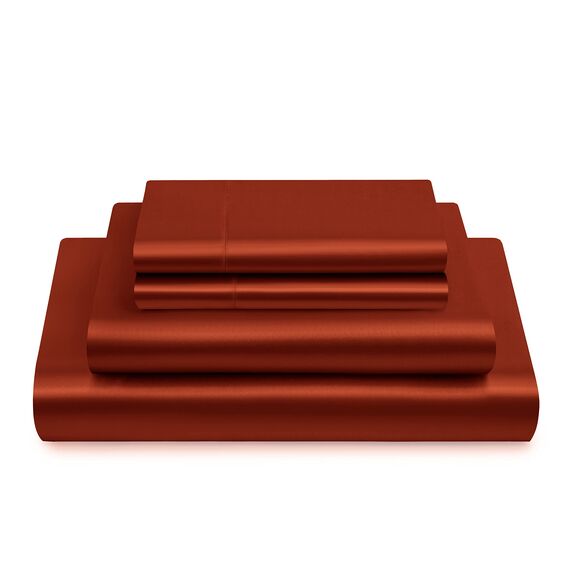 Vonty Satin-Bettlaken-Set, seidig weiches Satin, 1 Spannbettlaken mit tiefen Taschen + 1 Bettlaken + 1 Kissenbezug in Rost-Orange
