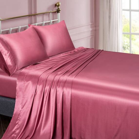 Vonty Satin-Bettlaken-Set, seidig weiches Satin, 1 Spannbettlaken mit tiefen Taschen + 1 Bettlaken + 1 Kissenbezug, Hellweinrot
