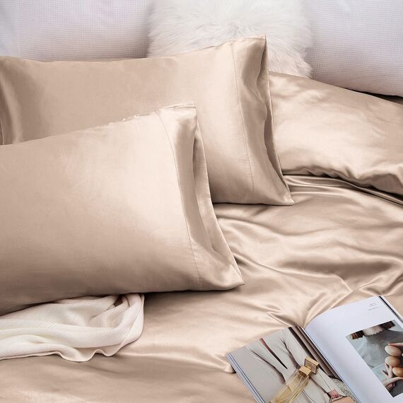 Vonty Satin-Bettlaken, Doppelbett, seidig, weiches Satin, bernsteinfarben, beige, Satin-Bettlaken-Set, 1 Spannbettlaken mit tiefen Taschen + 1 Bettlaken + 1 Kissenbezug