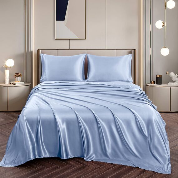 Vonty Satin-Bettlaken-Set, seidig-weiches Satin, Babyblau, 1 Spannbettlaken mit tiefen Taschen + 1 Bettlaken + 1 Kissenbezug