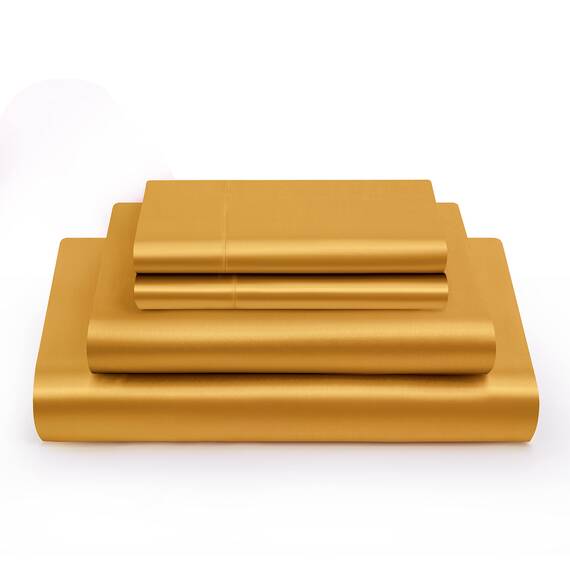 Vonty Satin-Bettlaken-Set, seidig weiches Satin, Gelbgold, 1 Spannbettlaken mit tiefen Taschen + 1 Bettlaken + 1 Kissenbezug