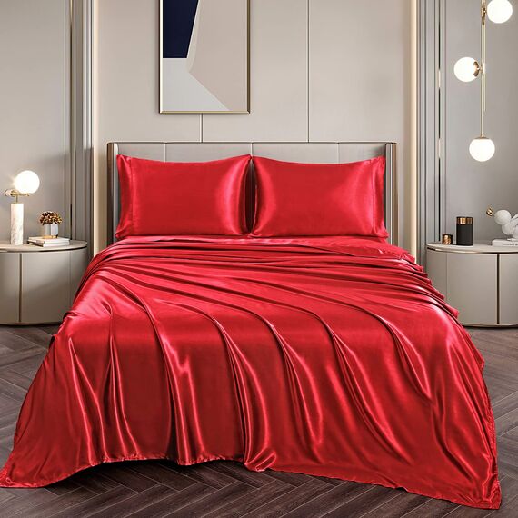 Vonty Satin-Bettlaken-Set, seidig weiches Satin, 1 Spannbettlaken mit tiefen Taschen, 1 Bettlaken und 1 Kissenbezug, Rot