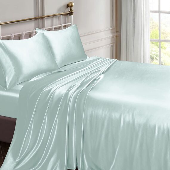 Vonty Satin-Bettlaken, Doppelbett, seidig, weiches Satin, Eisblau, Satin-Bettlaken-Set, 1 Spannbettlaken mit tiefen Taschen + 1 Bettlaken + 1 Kissenbezug